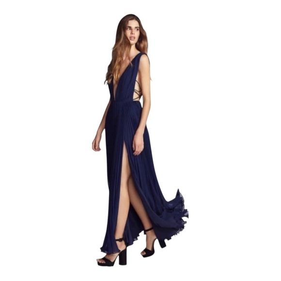 FAME AND PARTNERS Navy Blue Allegra Side Cutout Deep V Maxi Gown Size 8 - Picture 5 of 15